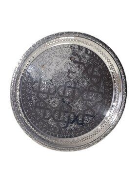 Moroccan Silver-Plated Engraved Tea Tray | Round Serving Tray | Boho Decor